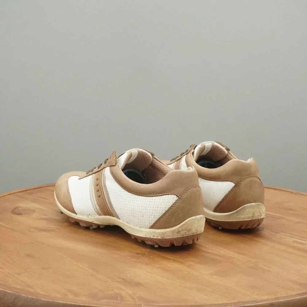 Ecco Womens Golf Shoes White Brown Leather Spiked Waterproof 39 EU / 8 US